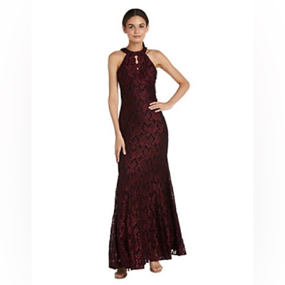 R & M Richards Sleeveless Halter Neck Glitter Lace Long Dress Black and Red